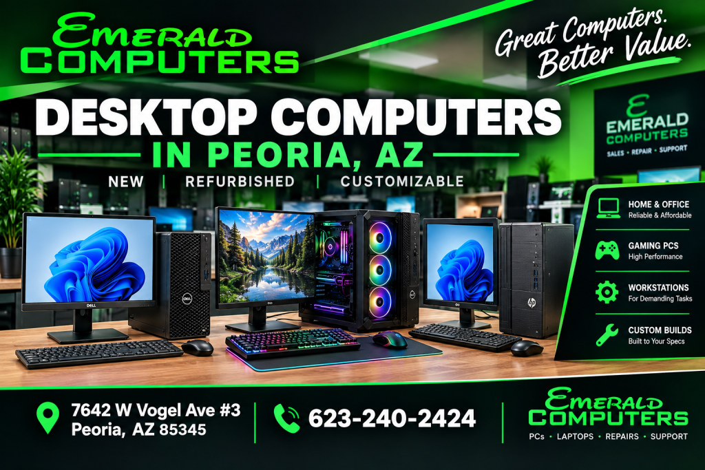 Visit Emerald Computers at 7642 W Vogel Ave, Building 3, Peoria, AZ 85345, or call 623-240-2424 to ask about current desktop computer inventory and custom options.